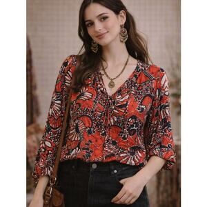 Rory Beca Boho Artisanal Abstract All Over Print Blouse XS Red Indie Folk Artsy